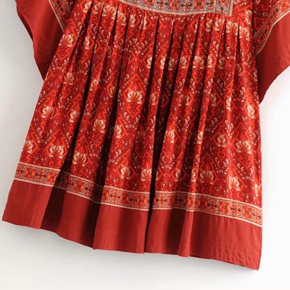 Bohemian Red floral Print Babydoll Mini Dress - Picture 8 of 9